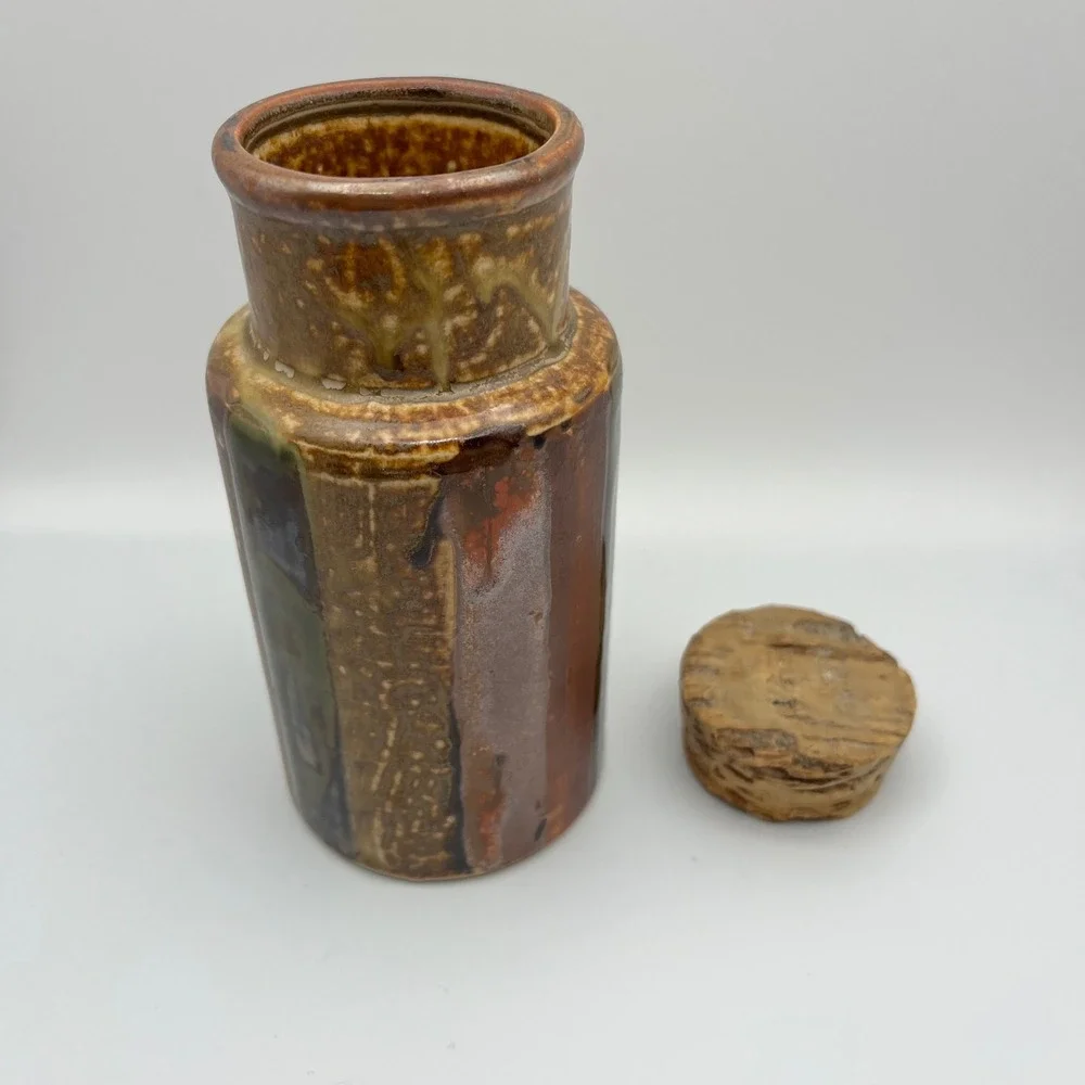 Vintage Japanese Pottery‎ Jar with Cork Stopper Decorative Accent MCM Decor